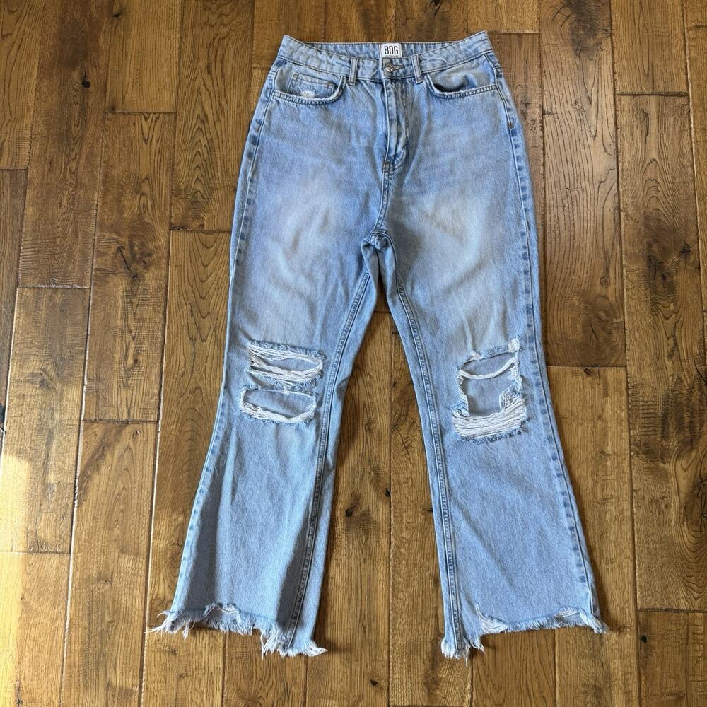 BDG Jeans Womens Sz 28 Crop Kick Flare Distressed Raw Hem High Rise Denim